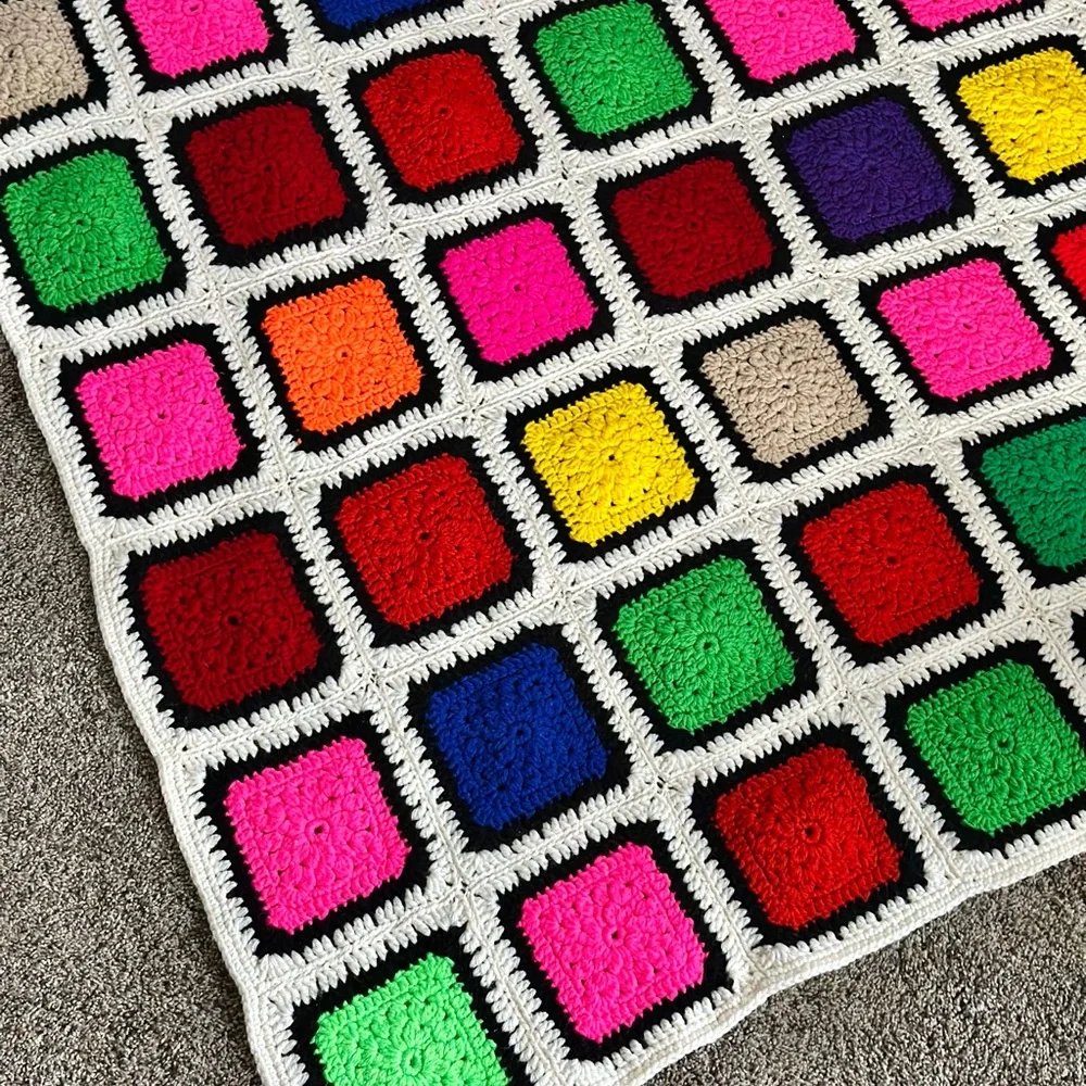Vintage Colorful Crochet Afghan Blanket - Granny Squares